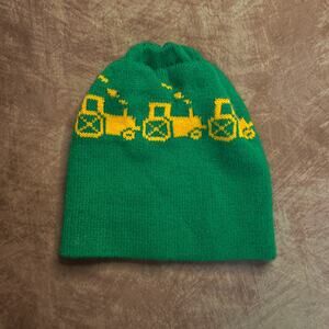 Tractor Print Stocking Cap Beanie Knit Green Yellow One Size Farmer Winter